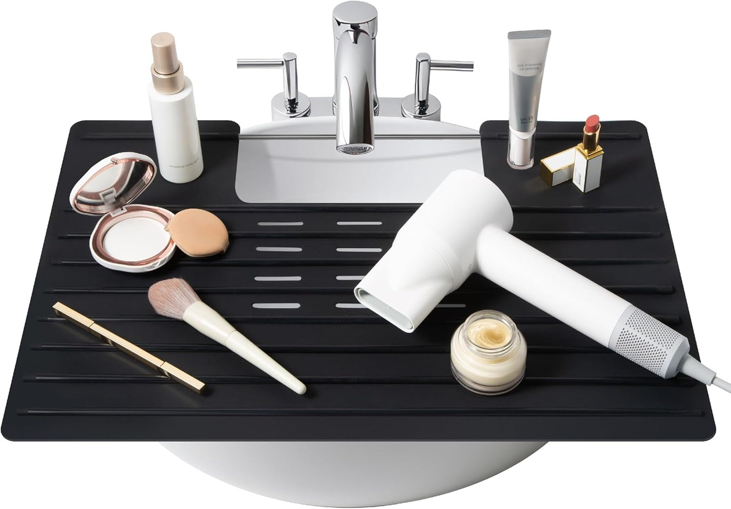 Maplefield Bathroom Sink Cover for Counter Space - 22 x 2 x 2 in Black Silicone - Heat Resistant Sink Cover up to 400°F & Foldable Design for Getting Ready - Makeup Mat with Ridges