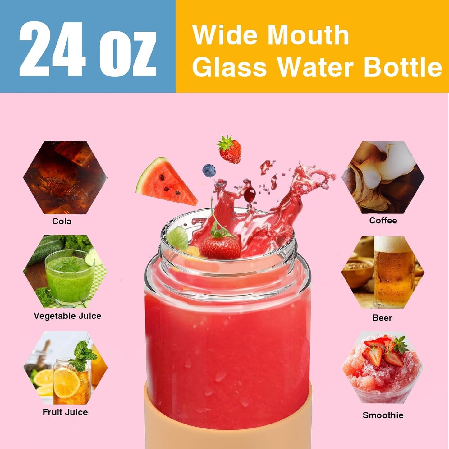 Tronco 24oz Glass Water Bottles with Bamboo Lid & Silicone Sleeve, Leak Proof, BPA Free, Reusable Borosilicate Glass Bottles for Juicing, Smoothies, Juice & Water, for Men & Women Gym, Office, Travel