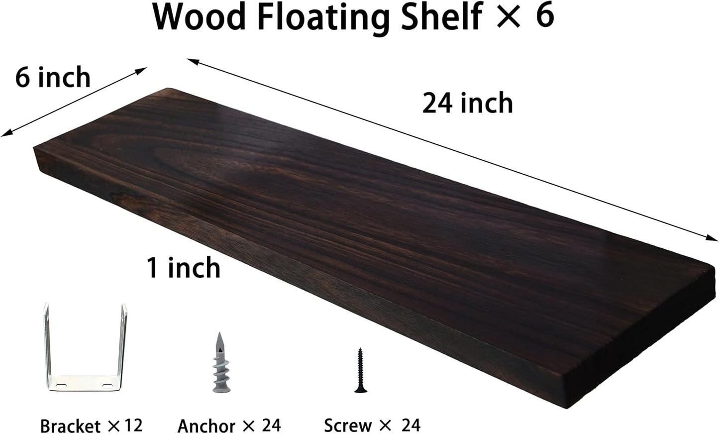Wood Floating Shelves for Wall, Wooden Wall Shelves for Bedroom, Wall Mounted Shelves for Living Room, Set of 6 Brown 24 Inch