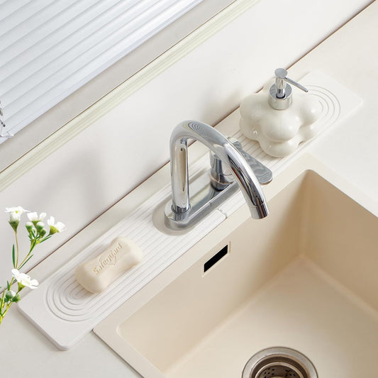 Stone Faucet Mat for Kitchen Sink with Oval Hole – 23.6" × 3.9" Diatomite Drying Stone Mat & Sink Protector, Quick-Dry Splash Guard Water-Absorbing Tray for Bathroom Counter（White.23.6" x 3.9"）