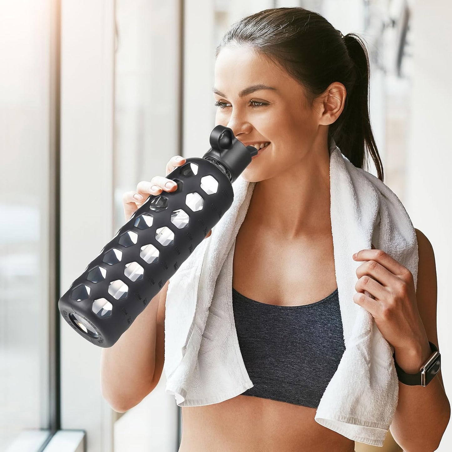 MUKOKO Glass Water Bottles, 32oz Glass Tumbler, Drinking Bottles with 2 Lids-Handle Flip Straw Lid&Bamboo Lid, Motivational Water Bottle with Time Marker and Silicone Sleeve, Leakproof-1 Pack-Black