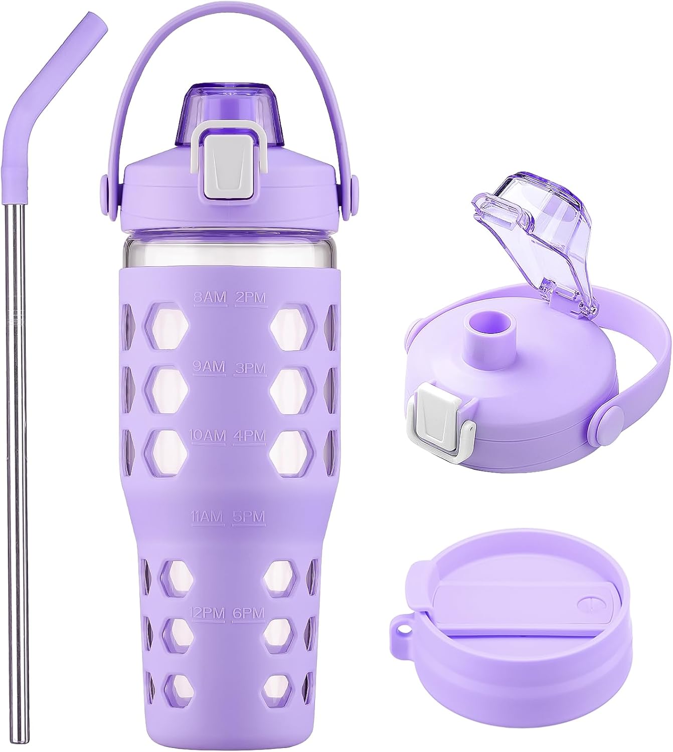 MUKOKO 32 oz Glass Tumbler with Straw,Glass Water Bottles with Time Marker,Iced Coffee Cup with 2 Lids-Handle Spout Lid&Straw Lid,Silicone Sleeve,Leakproof,1 Pack-Purple