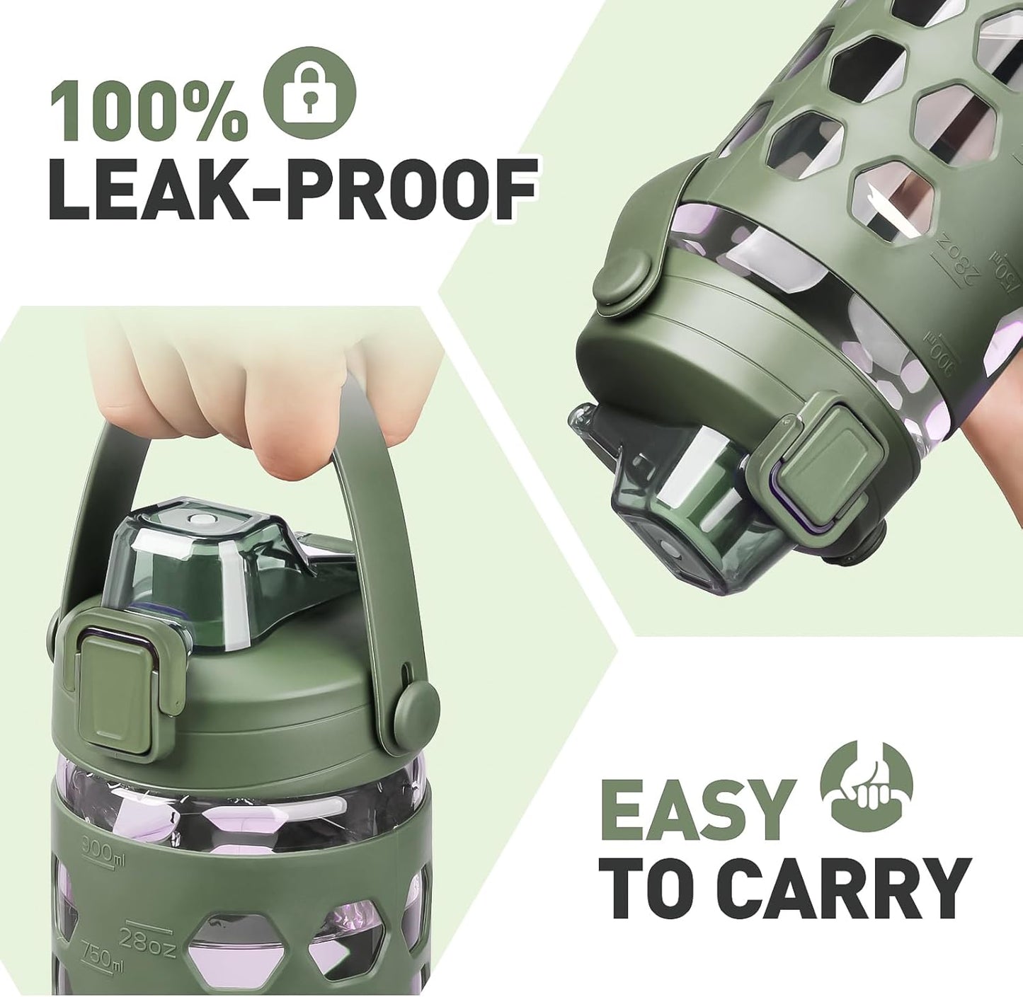 MUKOKO 32 oz Glass Tumbler with Straw,Glass Water Bottles with Time Marker,Iced Coffee Cup with 2 Lids-Handle Spout Lid&Straw Lid,Silicone Sleeve,Leakproof,1 Pack-Olive