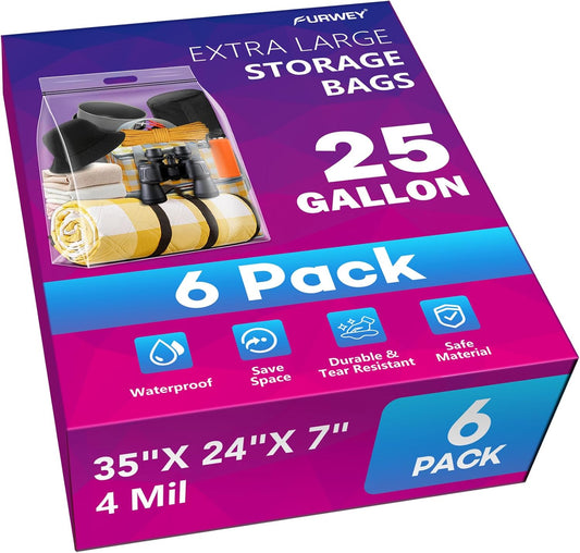 25 Gallon Extra Large Storage Bags 35”x 24”Resealable Clear Bags with Handle 4 Mil Thick Heavy Duty Big Bag for Clothes Pillow Travel Moving,Bedding,Shoes and Toys Storage, Pack of 6