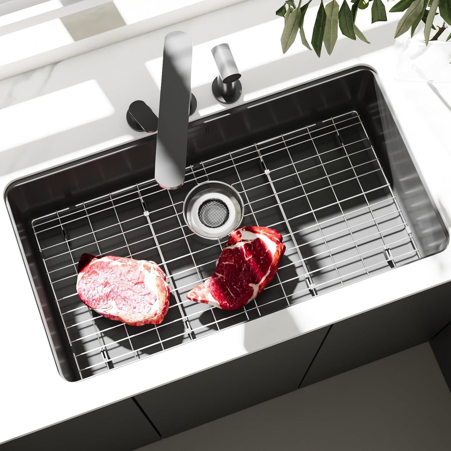 27-9/16" x 14-9/16" Stainless Steel Sink Protector, Sink Protectors for Kitchen Sink, Sink Grid, Sink Grate for Bottom with Rear Drain, Metal Sink Rack for Bottom of Sink with Corner Radius 3/16"