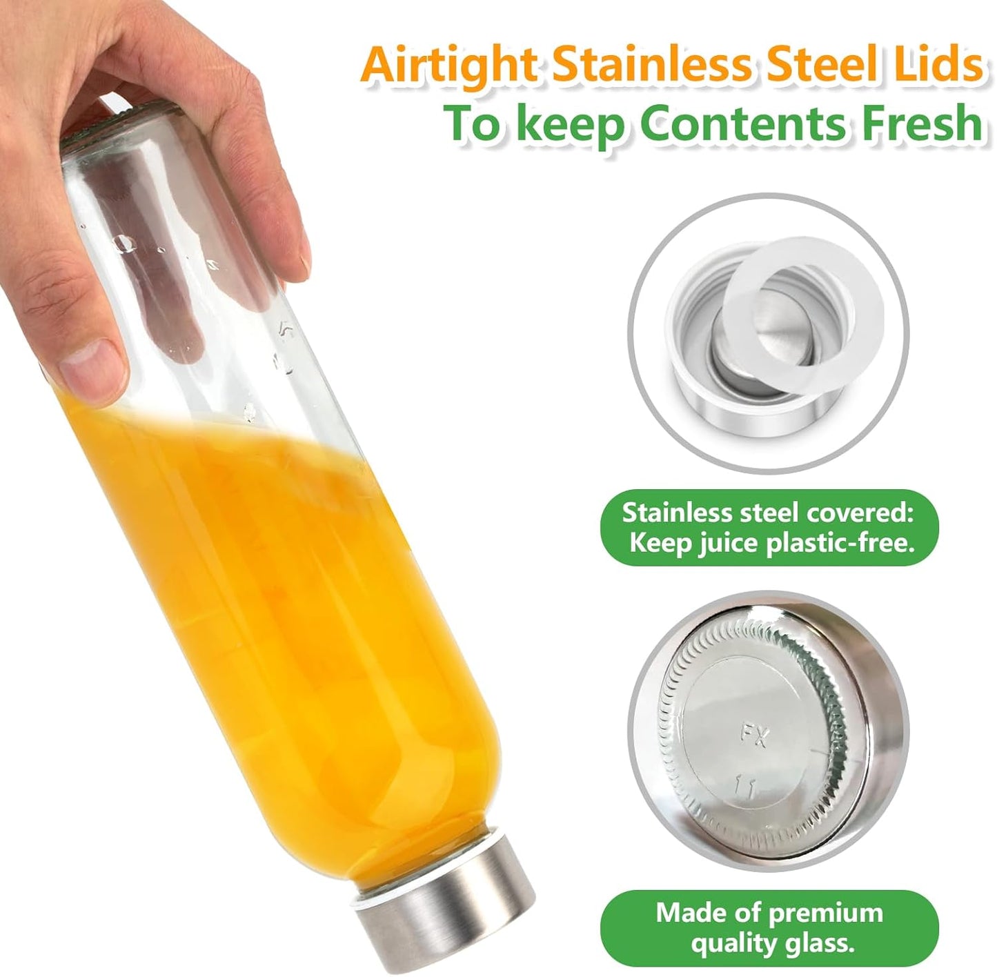 Zukro Glass Water Bottles with Lids 18 oz, Reusable Juice Bottles for Juicing, Leak Proof Juice Storage Containers for Fridge, Clear Drinking Jars With Stainless Steel Caps, BPA Free, Set of 6 Gold