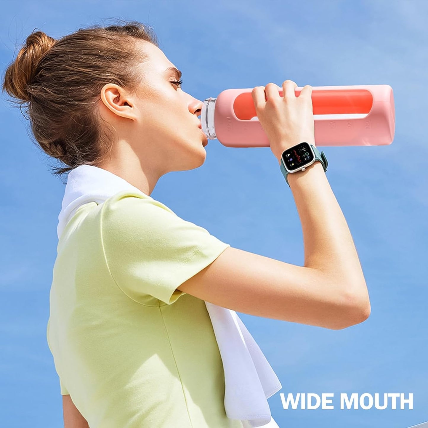 32oz Glass Water Bottle with Straw and 2 Lids- Bamboo Straw and Spout Lid with Phone Holder for Gym, Glass Drinking Bottles with Silicone Sleeve and Motivational Time Marker, Pink