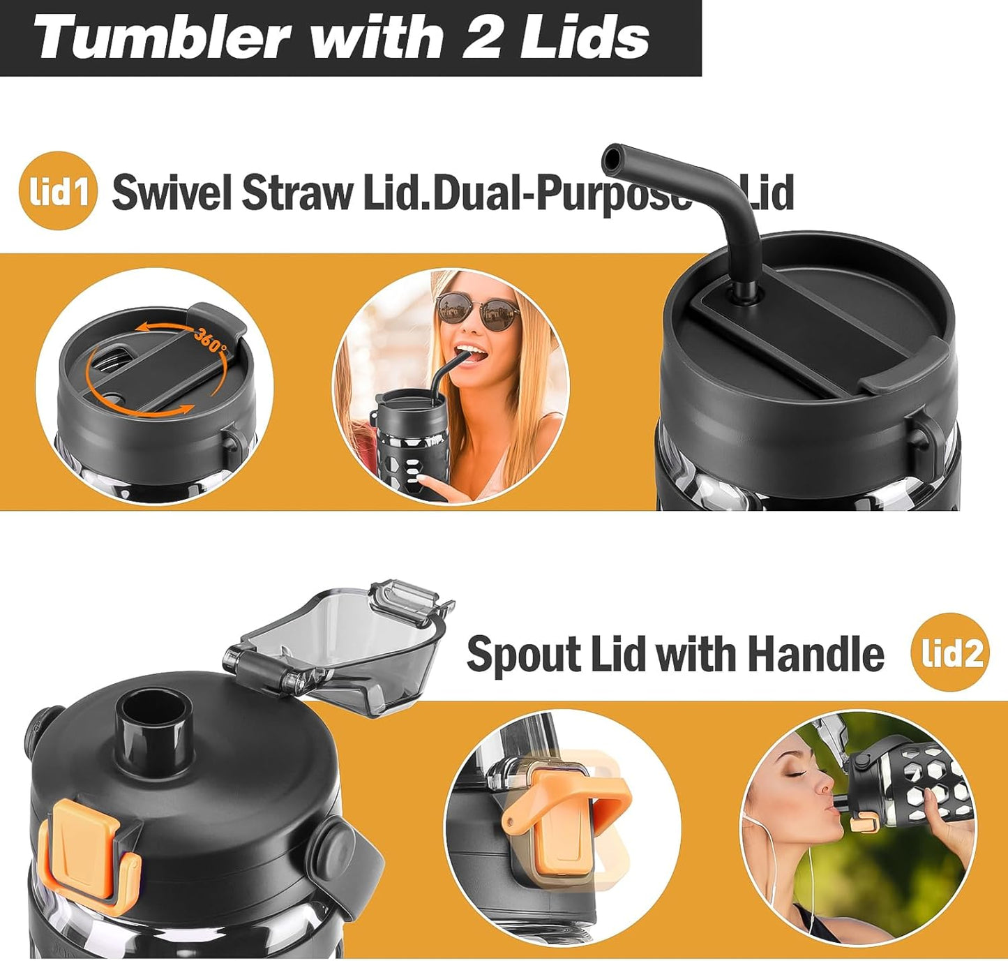 MUKOKO 32 oz Glass Tumbler with Straw,Glass Water Bottles with Time Marker,Iced Coffee Cup with 2 Lids-Handle Spout Lid&Straw Lid,Silicone Sleeve,Leakproof,1 Pack-Black