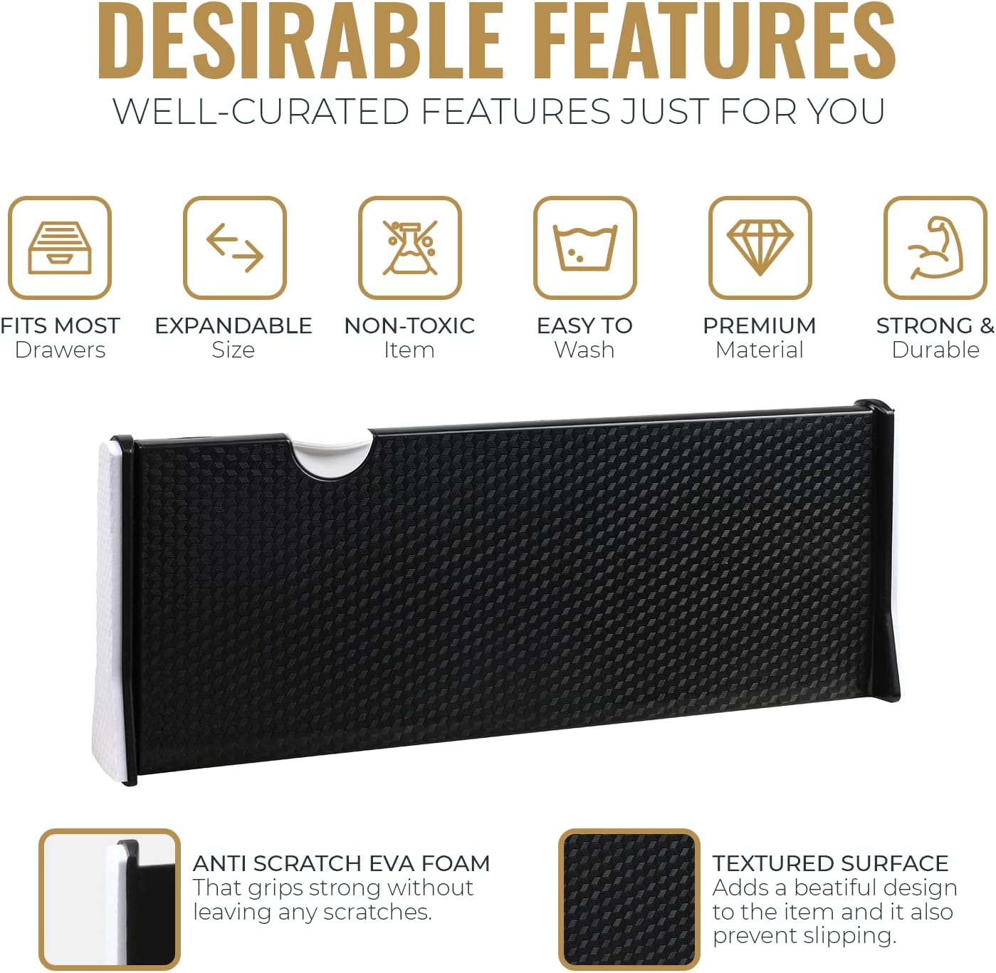 RAPTUROUS Adjustable Drawer Dividers 6 Pack, 4” High, 11-17” Long, Dresser Drawer Organizer for Bedroom, Closet, Kitchen, Nursery, Office, Strong Hold, Soft Foam Edges, Black