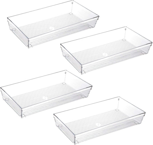 4 Pack 12"x 6" Large Size Clear Plastic Desk Drawer Organizer Tray Bathroom Office Kitchen Utensils Silverware Gadgets Dividers Desk Drawer Storage Bins Container for Dresser Cosmetic Makeup