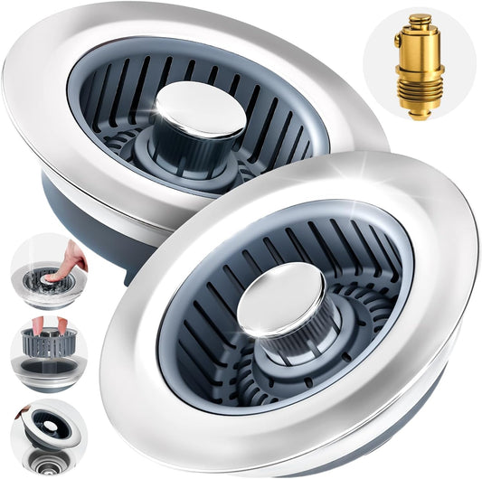 zaa 2 Pack 3 in1 Kitchen Sink Drain Strainer & Sink Stopper, Pop Up Stainless Steel Kitchen Drain Plug & Cover with Anti-Clogging Basket Strainer, Fit US Standard 3-1/2'' Drain Hole