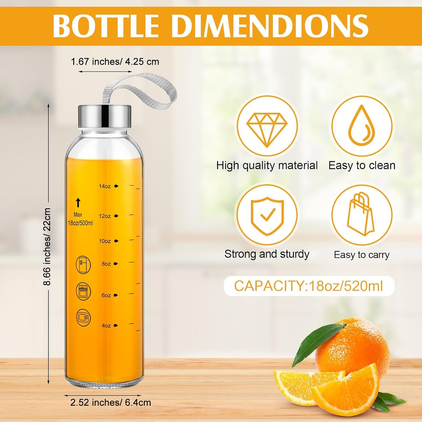 Vesici 6 Pack 18 oz Glass Water Bottles with Lids Clear Reusable Juicing Storage Container with Scale Mark and Stainless Steel Lids and Cleaning Brush for Milk Beverage Refrigerator Travel Leakproof