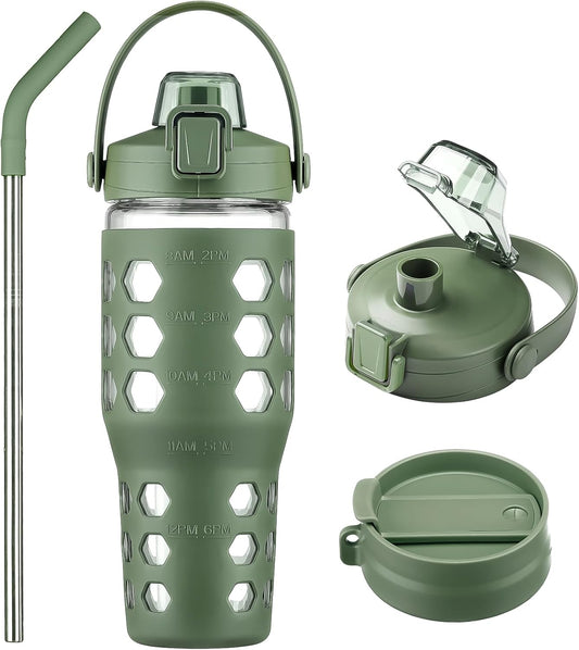 MUKOKO 32 oz Glass Tumbler with Straw,Glass Water Bottles with Time Marker,Iced Coffee Cup with 2 Lids-Handle Spout Lid&Straw Lid,Silicone Sleeve,Leakproof,1 Pack-Olive