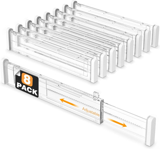 HiYZ Expandable Drawer Dividers - 12.6-22.8'' Adjustable Drawers Organizers for Kitchen Utensils, Drawer Separators in Bedroom, Dresser, Office, Bathroom, Fridge, 8 Pack Long Dividers-Clear