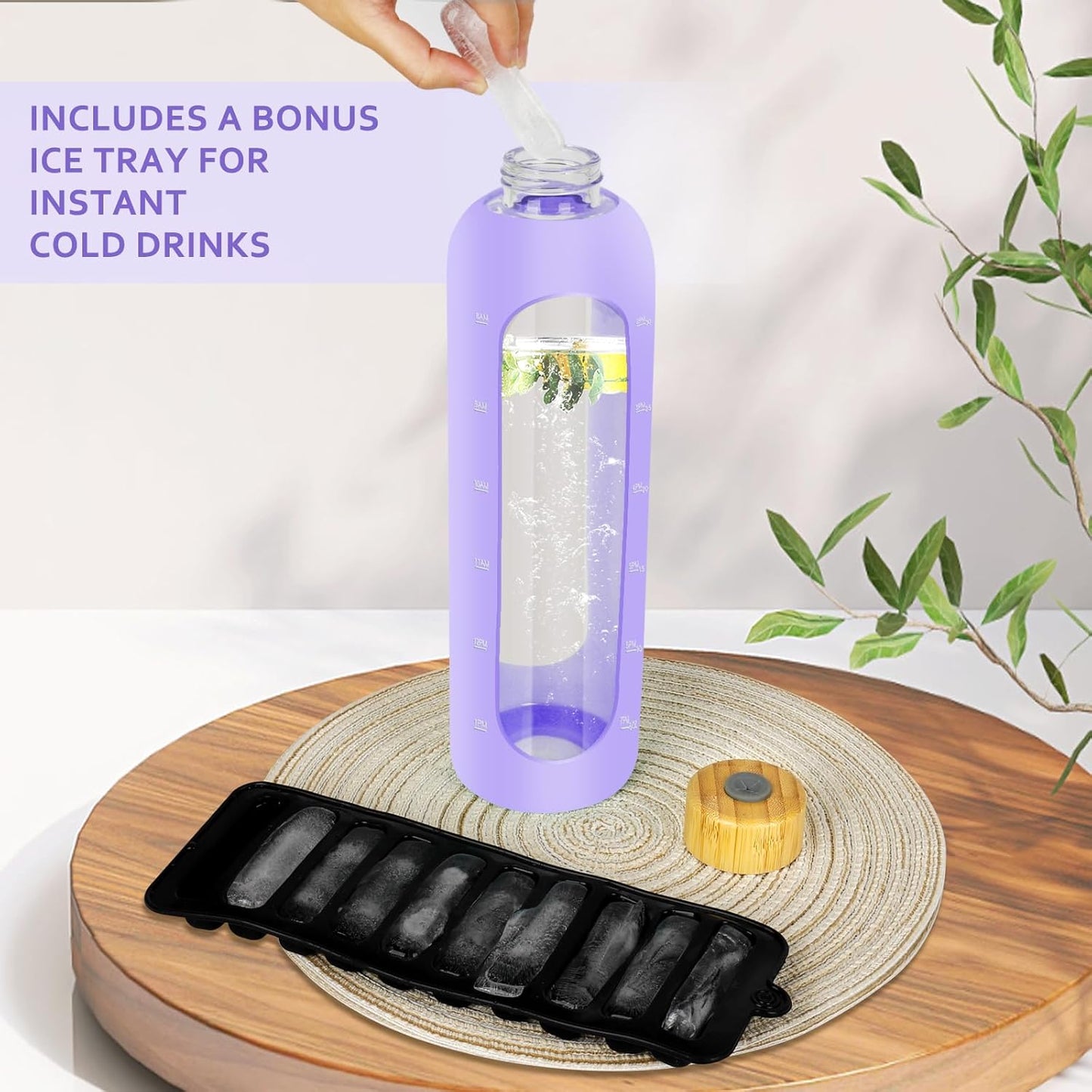 Glass Water Bottles 32 oz - Motivational Drinking Glass Water Bottle with Silicone Sleeve, Straw & 2 Bamboo Lids - 1 Liter Clear Borosilicate Daily Intake Tumbler with Time Marker - Violet