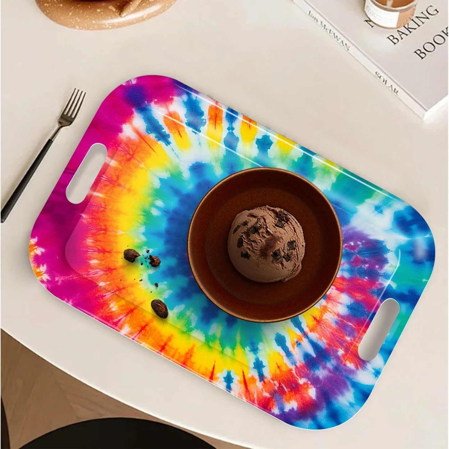 Serving Trays with Handles, 14.5 x 9.8 inch Rectangular Plastic Tray for Restaurant, Kitchen, Tie-Dye Colorful Spiral Patterns