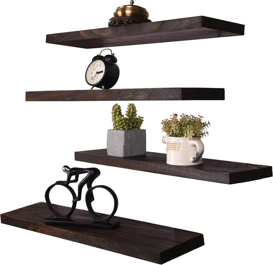 Wood Floating Shelves for Wall, Wooden Wall Shelves for Bedroom, Wall Mounted Shelves for Living Room, Set of 4 Brown 24 Inch
