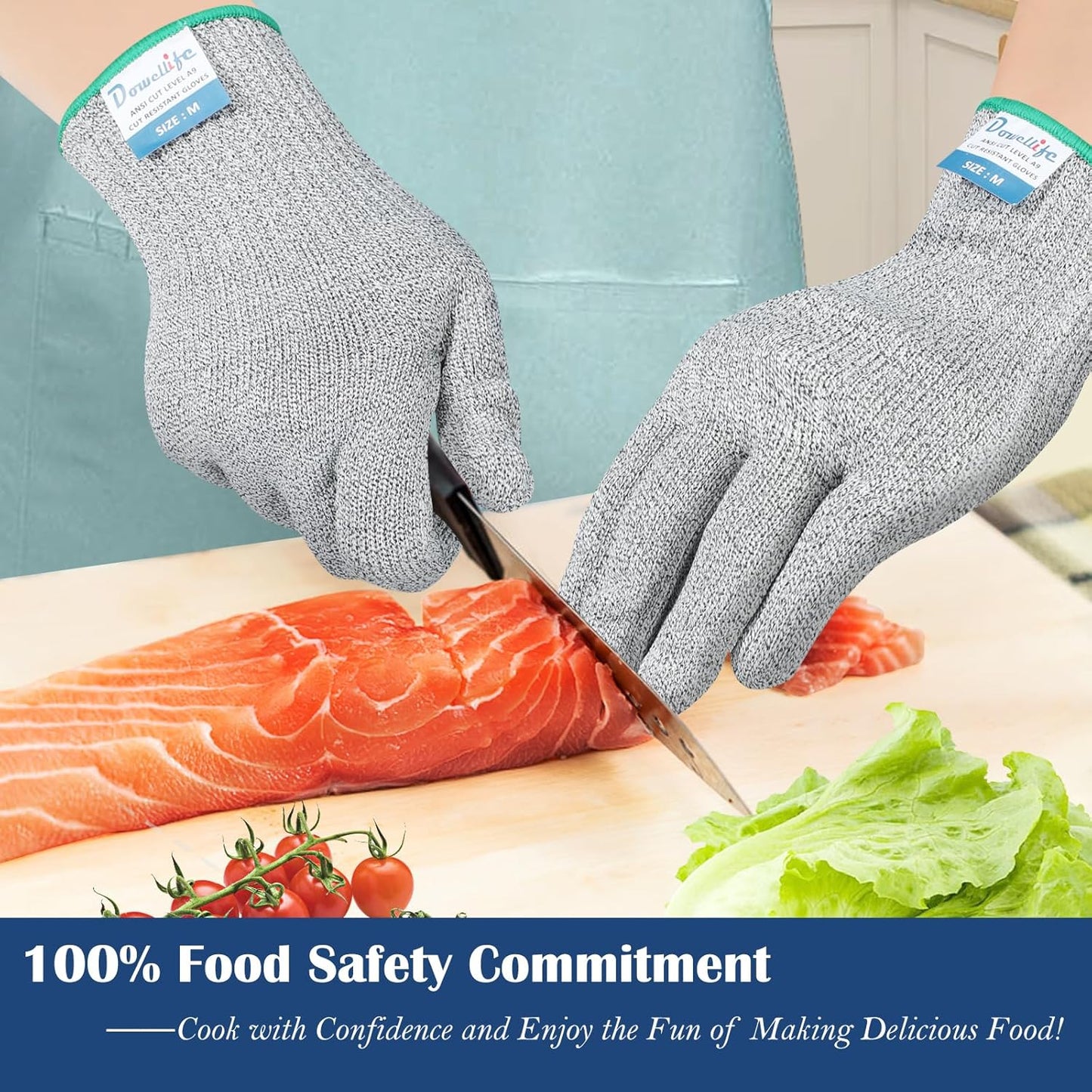 Dowellife Soft Level 9 Cut Resistant Gloves Food Grade, Steel Wire Mixed Kitchen Safety Gloves for Chef Oyster Shucking Mandoline Knife Butcher Meat Cutting Carving (Large)