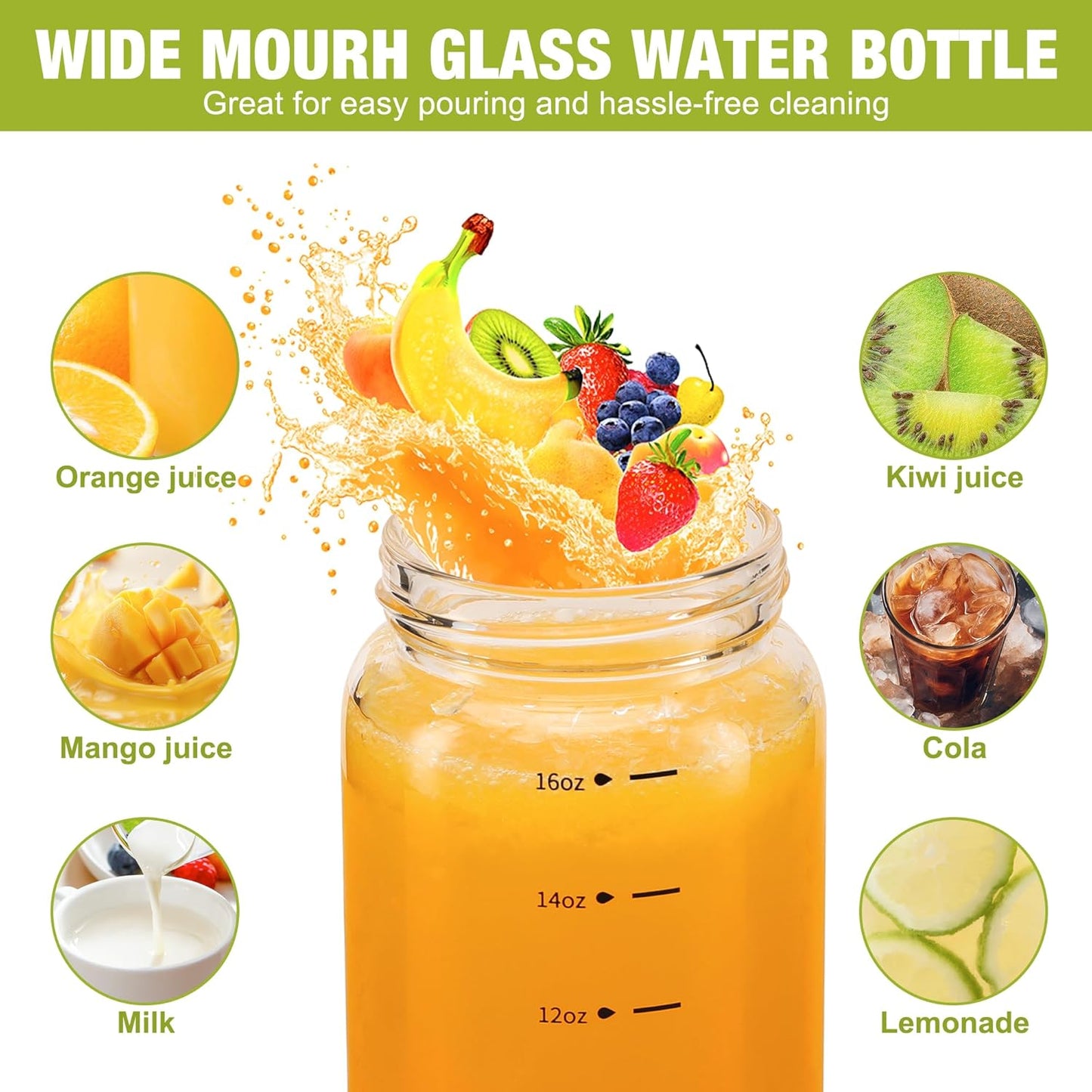 16oz Glass Juice Bottles – 4 Pack Reusable Wide Mouth Bottles with Stainless Steel Lids & Cleaning Brush, BPA-Free Water Bottles for Juicing, Smoothies, Milk, and Protein (480ml)