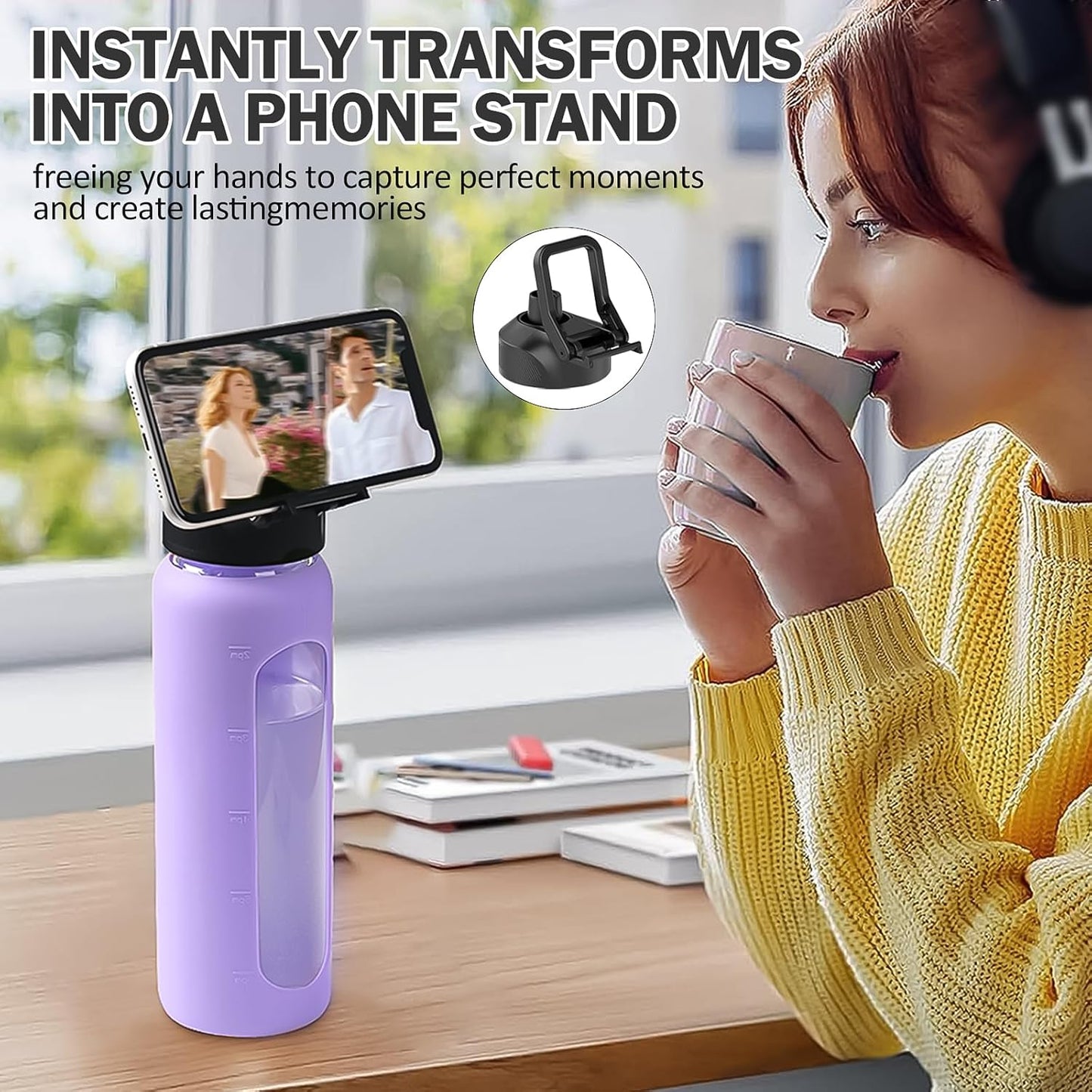 32oz Glass Water Bottle with Straw and 2 Lids- Bamboo Straw and Spout Lid with Phone Holder for Gym, Glass Drinking Bottles with Silicone Sleeve and Motivational Time Marker, Purple