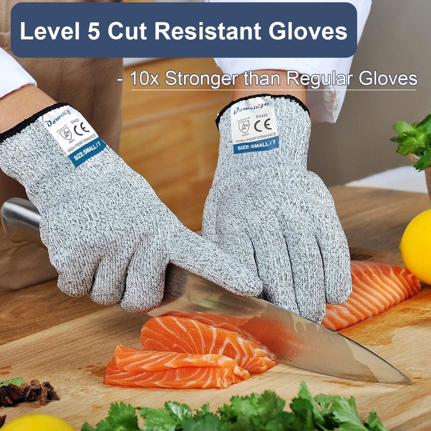 Dowellife Cut Resistant Gloves Food Grade Level 5 Protection, Safety Kitchen Cuts Gloves for Oyster Shucking, Fish Fillet Processing, Mandolin Slicing, Meat Cutting and Wood Carving. (Large-12 Pairs)