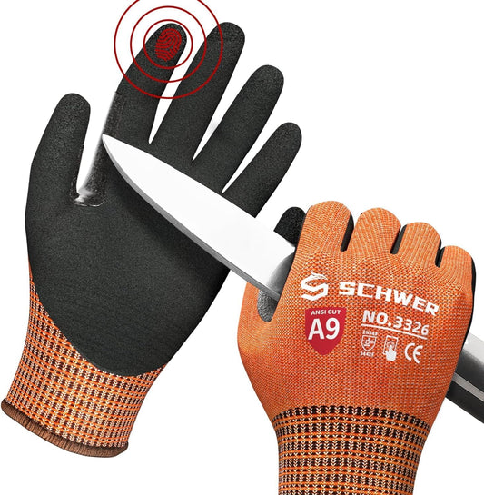 Schwer ProGuard Highest Level Cut Resistant Work Gloves PR3326 for Extreme Protection，ANSI A9 Cut Gloves with Reinforced Thumb, Non Slip, Non PFAS, Durable, Touch-screen, Orange 120 Pairs, L