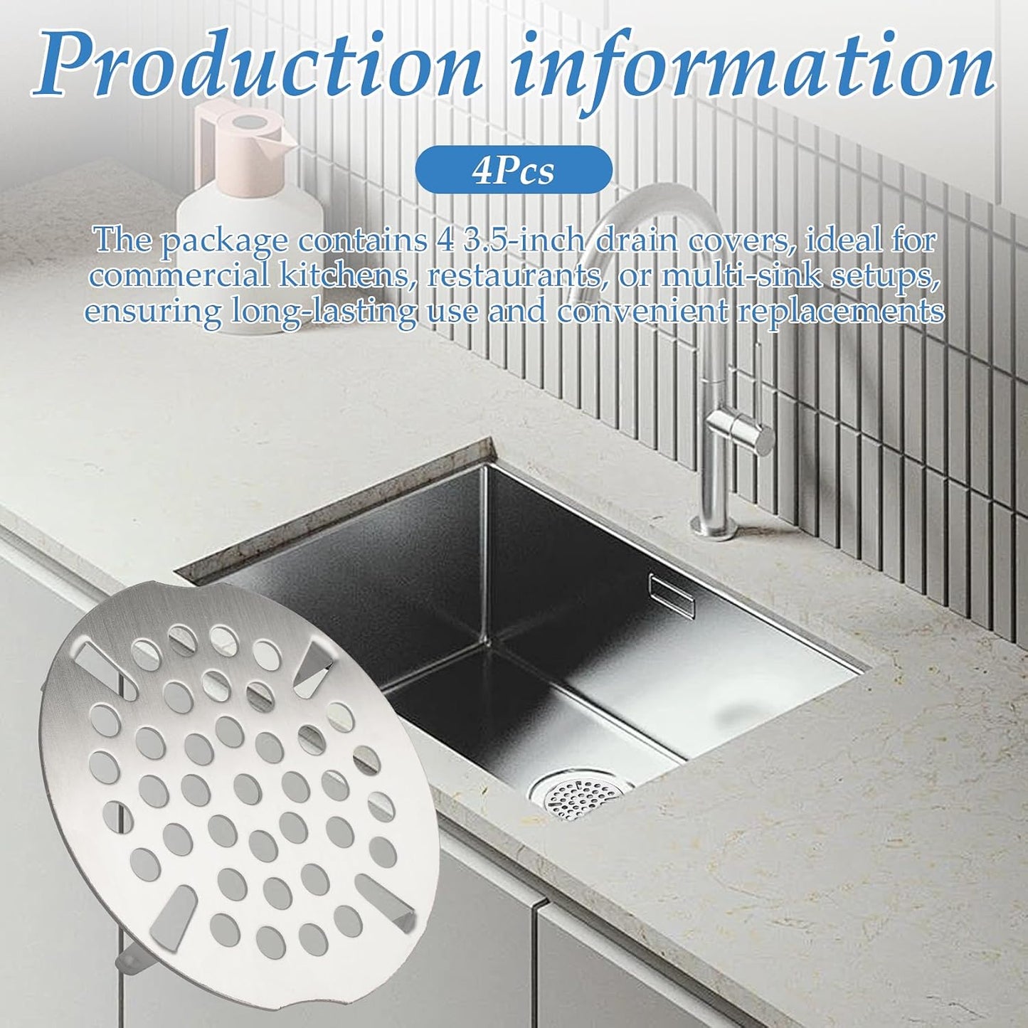 3.5 Inch Commercial Sink Strainer, Durable Drain Cover for Most 3-Tier & Commercial Sinks, Twist Design for Easy Installation, 4-Pack