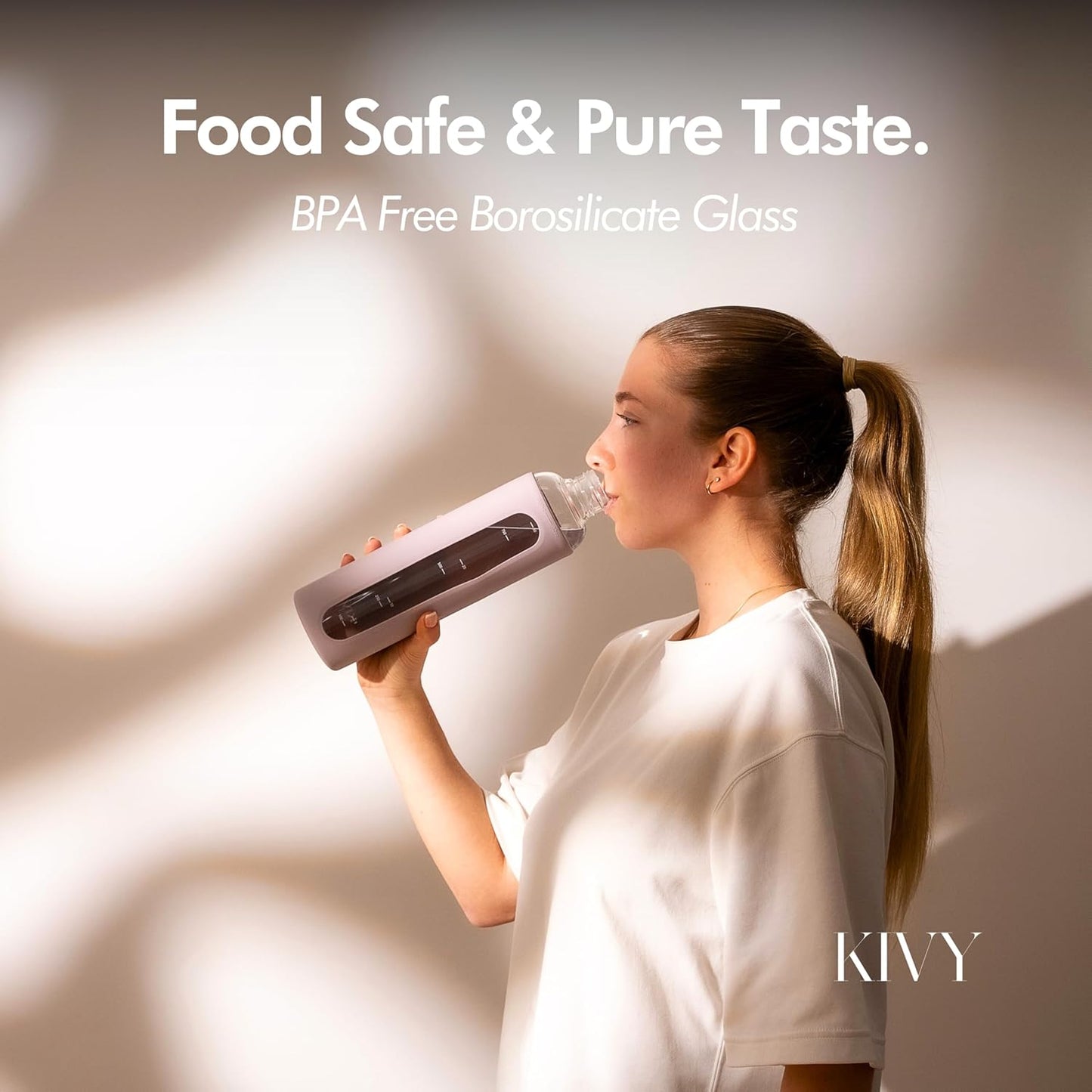 KIVY Glass Water Bottle with Silicone Sleeve 32 oz [WITH MEASUREMENT] - Borosilicate Glass Water Bottle Screw Top - Clear Bottles with Measurement Marking - Slim Waterbottle Aesthetic - Taupe