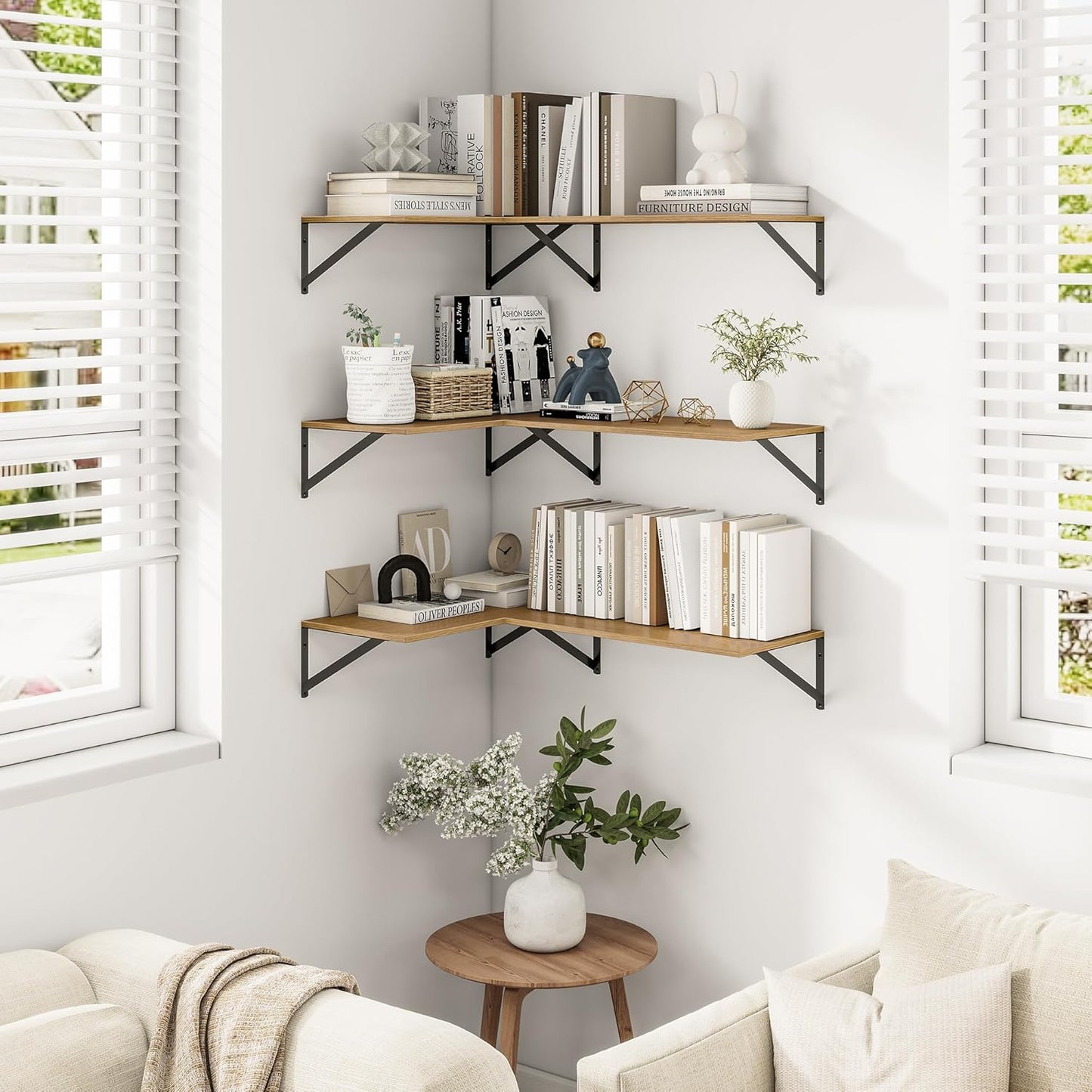 Heimlove 24" W x 12" D Wall Shelves for Books, 12 Inch Deep Floating Shelves Set of 3, Wide Floating Bookshelf with Metal Bracket for Living Room, Kitchen, Office, Bedroom and Decor Storage - Oak