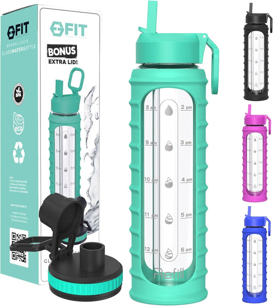 FIT Strong & Healthy 32 oz Glass Water Bottle with Straw Lid, Time Marker, Sleeve & Extra Lid - Motivational, Wide Mouth 1 Liter Glass Drinking Bottle