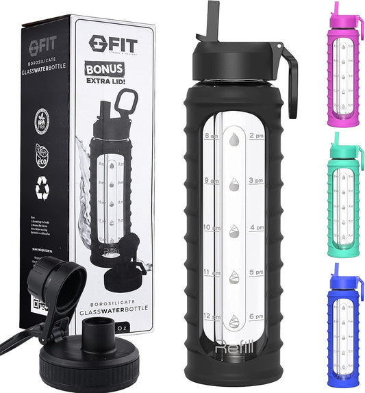 FIT Strong & Healthy 32 oz Glass Water Bottle with Straw Lid, Time Marker, Sleeve & Extra Lid - Motivational, Wide Mouth 1 Liter Glass Drinking Bottle