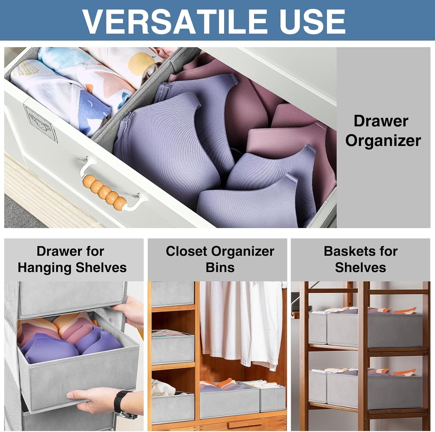 Criusia Drawer Organizer Clothes 24 Pack, Fabric Closet Organizers and Storage Bins for Underwear Sock, Odorless Dresser Drawer Dividers for Baby Nursery Organization (Grey)