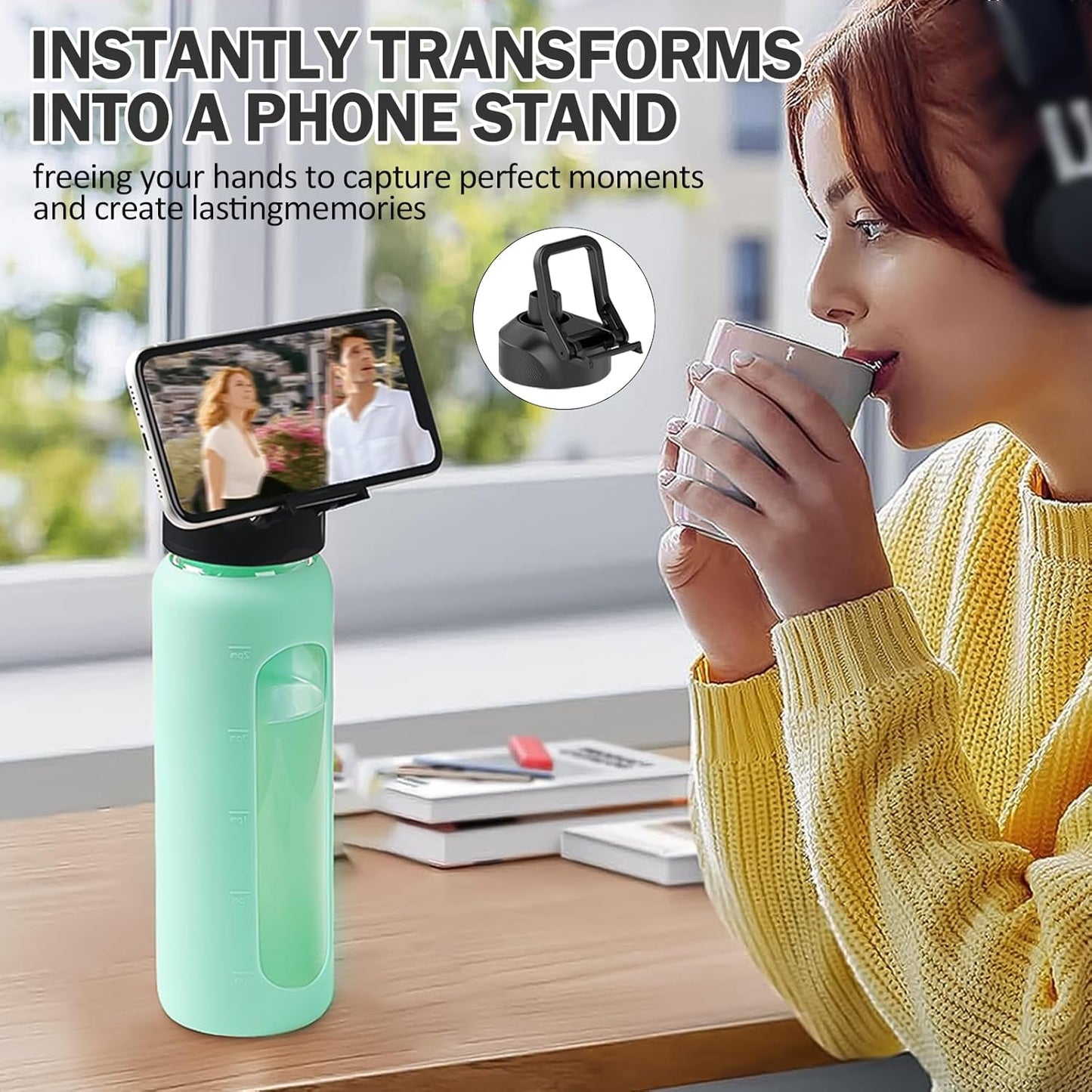 Glass Water Bottle with Straw, 24oz Glass Drinking Bottle with 2 Lids-Bamboo and Spout Lid with Phone Holder Handle for Gym Sports,with Silicone Sleeve and Time Marker,Mint Green