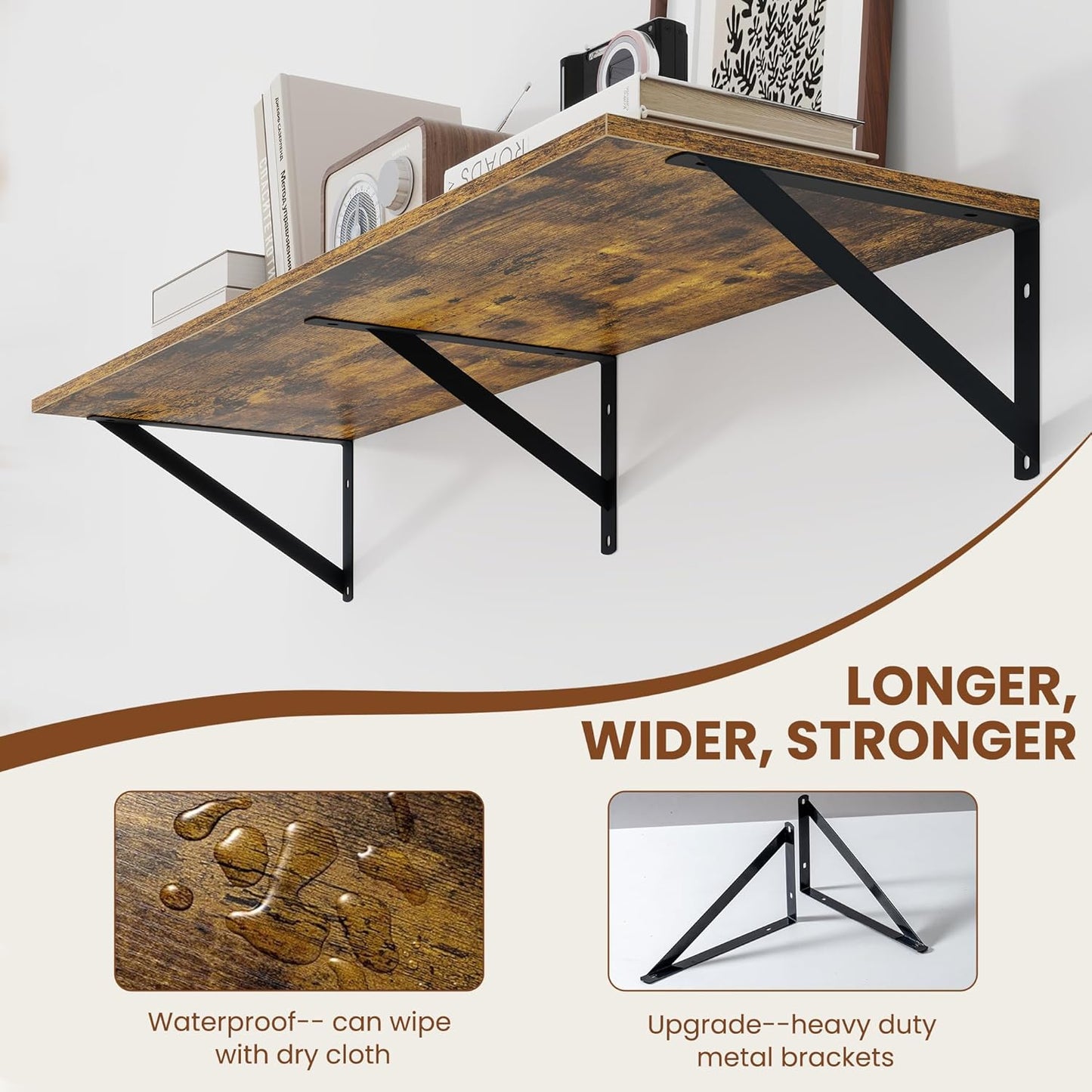 Heimlove Deep Floating Shelves for Wall, 36W x 12D Wood Wall Shelves Set of 2, Wide Floating Bookshelf for Living Room, Kitchen, Office, Bedroom and Decor Storage, with Metal Bracket - Rustic Brown