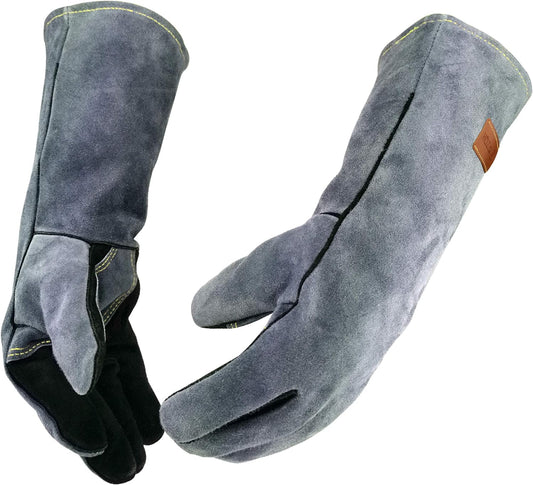 14 Inches,932℉,Leather Welding Gloves medium, Heat/Fire Resistant,Medium Mitts for BBQ,Oven,Grill,Fireplace,Tig,Mig,Forge,Baking,Furnace,Stove,Pot Holder,Animal Handling Glove.M Black-gray