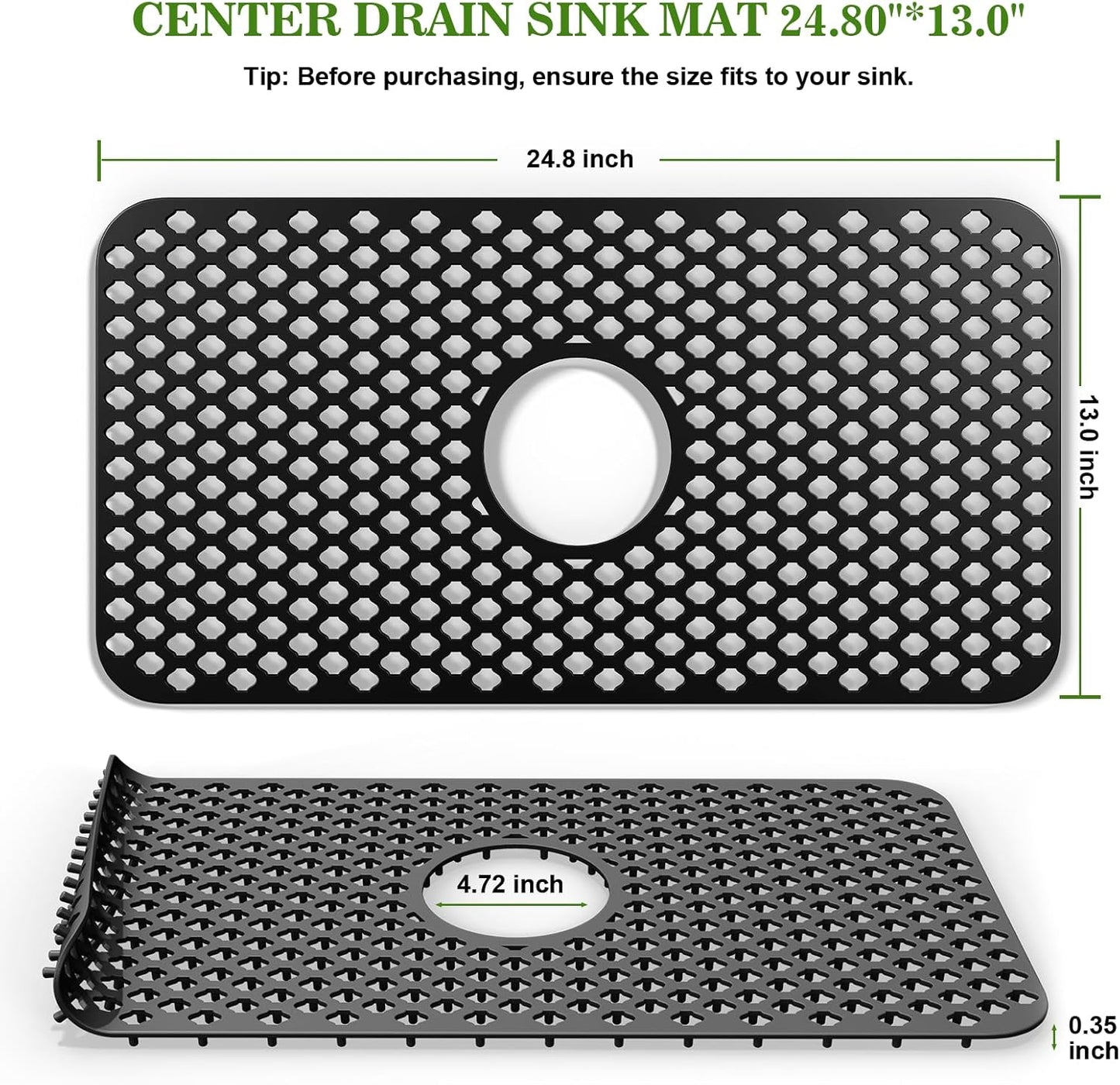 TOOVEM Silicone Sink Mat - Protectors for Kitchen Sink with Center Drain, 24.8''x13'' Kitchen Grid Accessory, Non-Slip Heat-Resistant Mat for Bottom of Farmhouse Porcelain Stainless Steel
