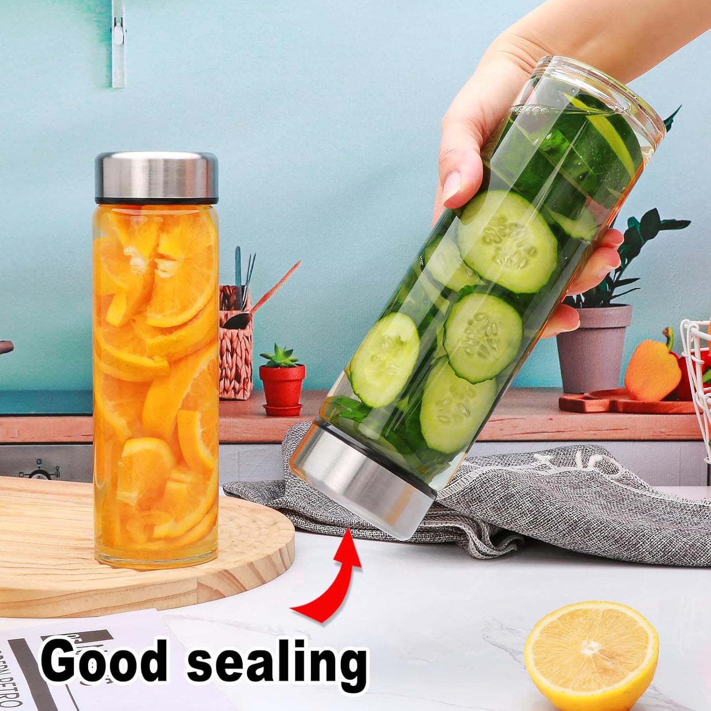 16oz Juice Bottles with Lids,4 Pack Wide Mouth Glass Bottles with Stainless Steel Cap,Reusable Glass Water Bottles for Juicing, Smoothies, Infused Water,Beverage Storage,BPA Free,Leakproof