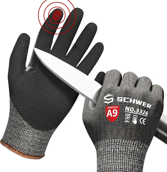 Schwer ProGuard Highest Level Cut Resistant Work Gloves PR3326 for Extreme Protection，ANSI A9 Cut Gloves with Reinforced Thumb, Non Slip, Breathable, Durable, Touch-screen, Non PFAS, Black 1 Pair（L）