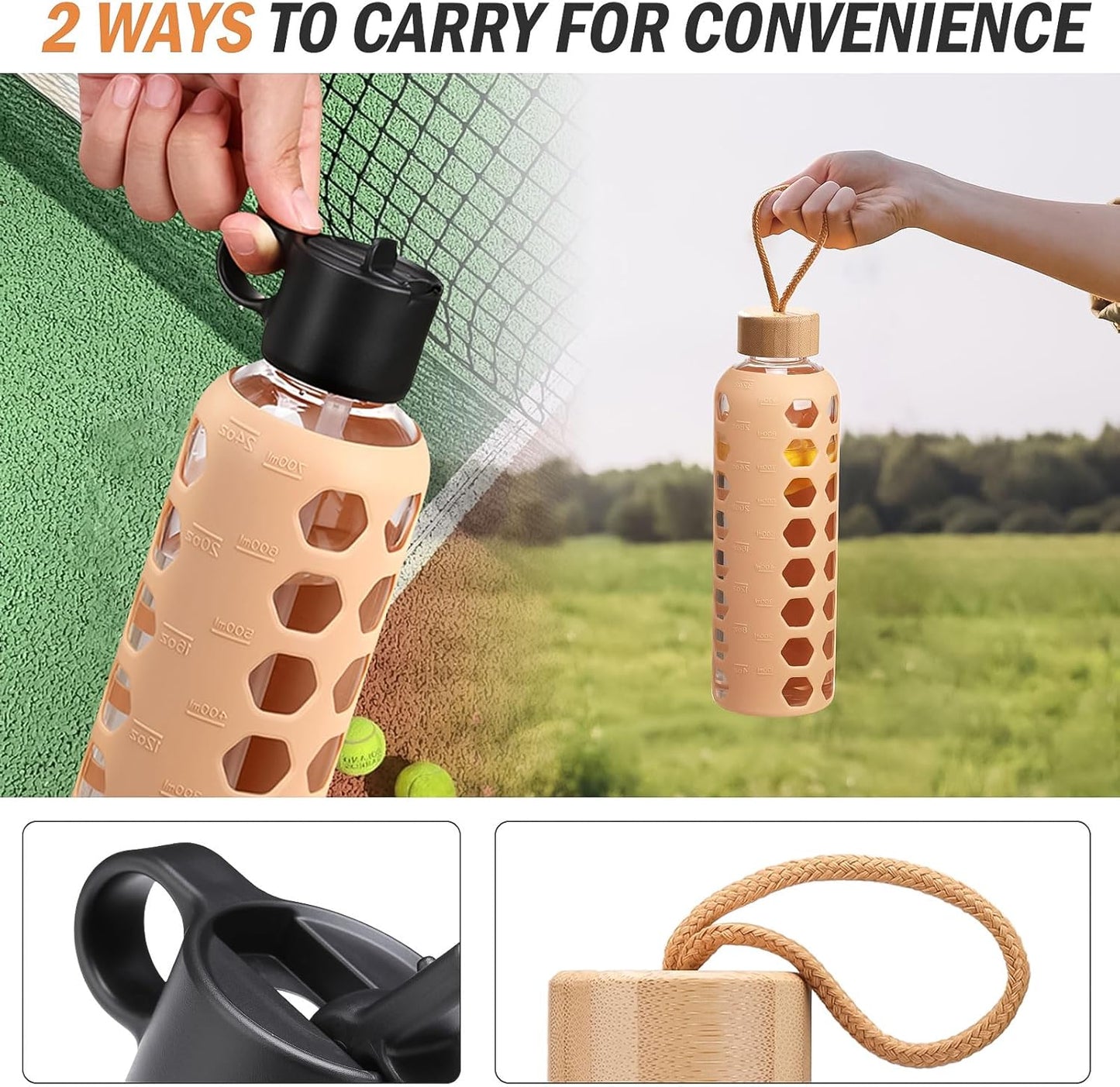 MUKOKO Glass Water Bottles, 24oz Glass Tumbler, Drinking Bottles with 2 Lids-Handle Flip Straw Lid&Bamboo Lid, Motivational Water Bottle with Time Marker and Silicone Sleeve, Leakproof-1 Pack-Amber