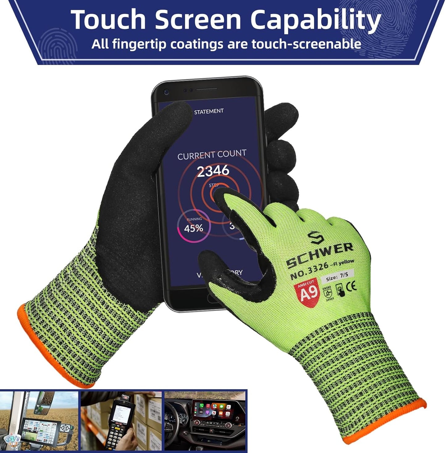 Schwer ProGuard Highest Level Cut Resistant Work Gloves PR3326 for Extreme Protection，ANSI A9 Cut Gloves with Reinforced Thumb, Non Slip, Breathable, Durable, Touch-screen, Non PFAS, Yellow1 Pair（S）