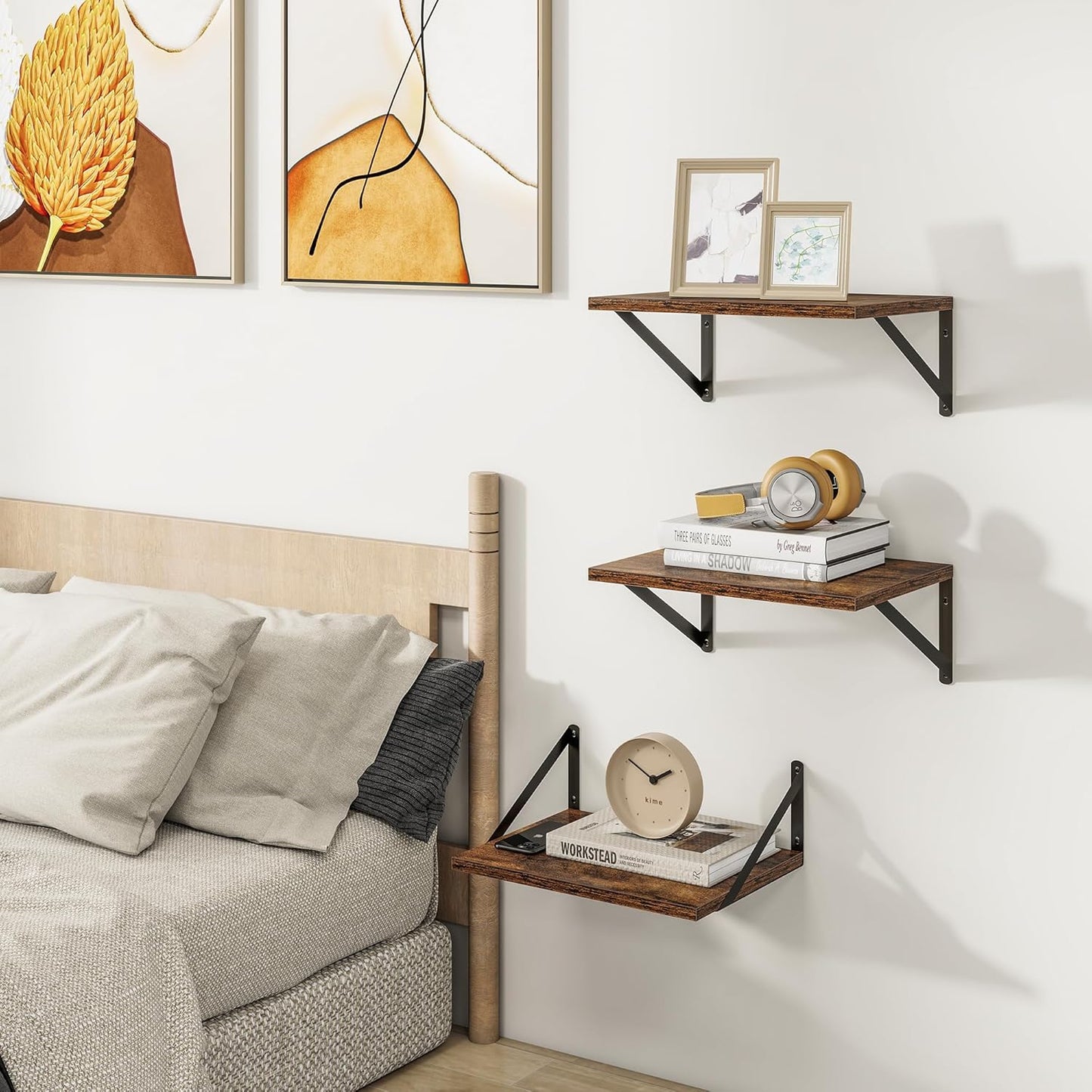 Heimlove Deep Floating Shelves for Wall, 12 Inch Deep Floating Shelves Set of 3, 16W x 12D Wood Wall Shelves, Wide Shelves with Metal Bracket for Living Room, Kitchen, Office, Bedroom - Rustic Brown