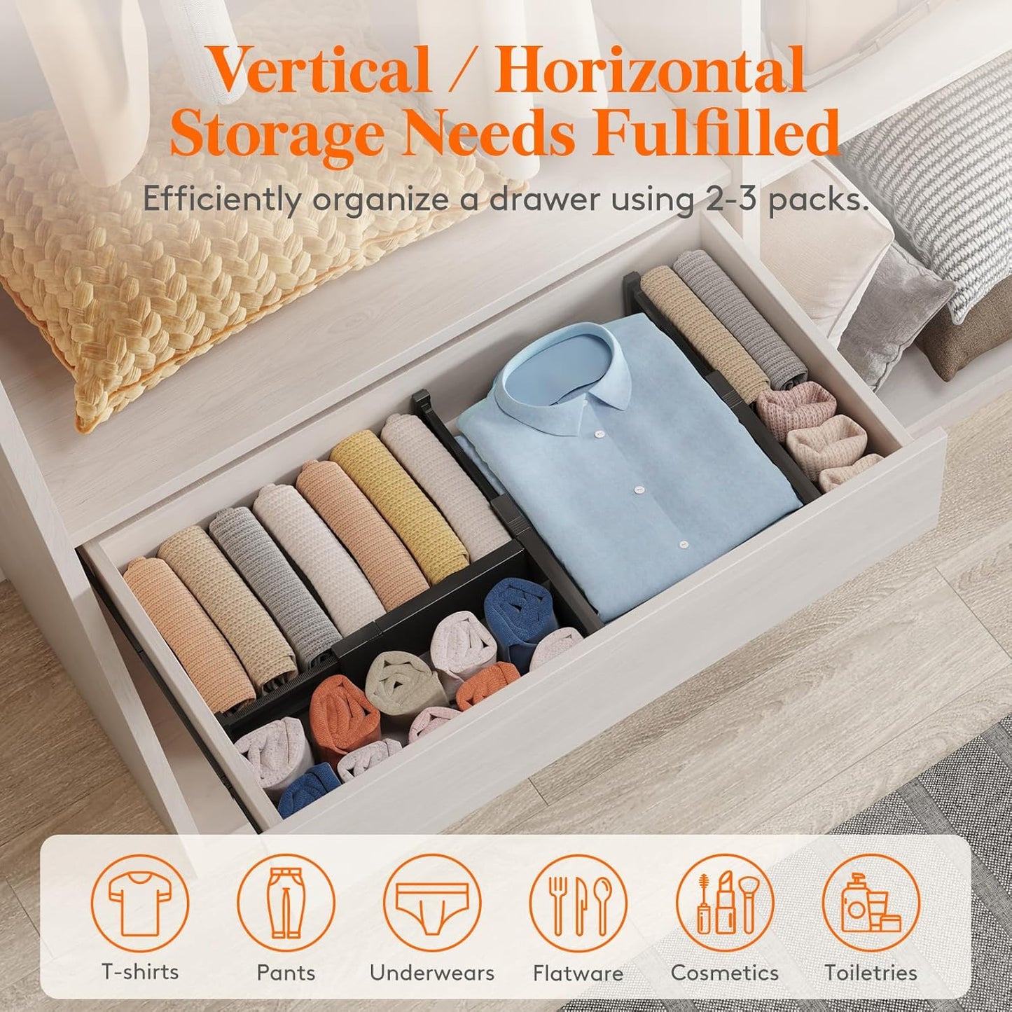 Lifewit 6 Pack Drawer Dividers 4" High, 11-17" Adjustable Drawer Organizers for Clothes, Expandable Dresser Separators in Bedroom/Bathroom/Kitchen/Fridge/Office Organization and Storage, Black