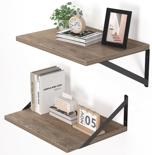 Heimlove Deep Floating Shelves for Wall, 16W x 12D Rustic Grey Wood Wall Shelves Set of 2, Large Floating Shelf for Living Room, Kitchen, Office, Bedroom and Decor Storage, with Metal Bracket - Grey