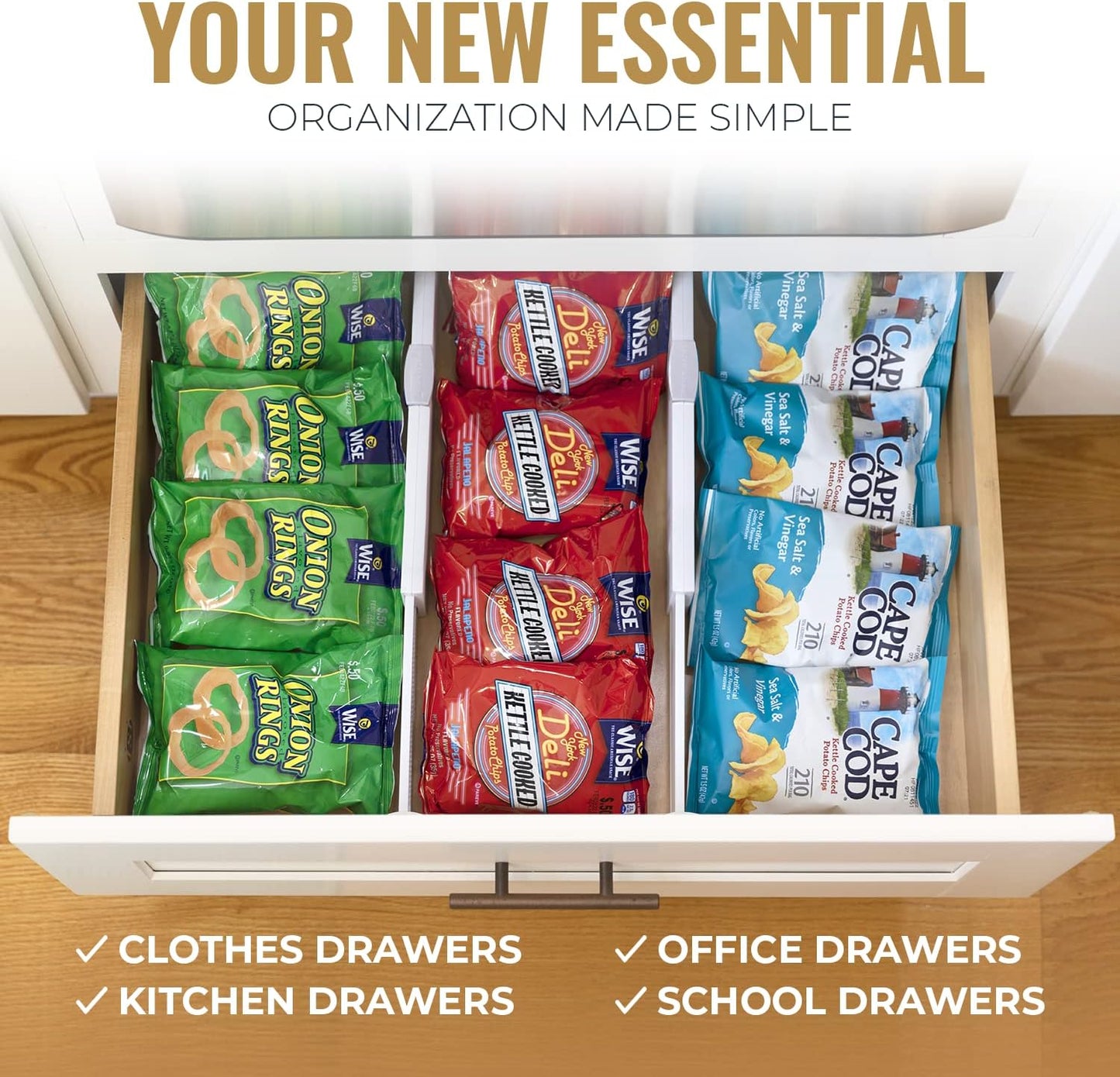 RAPTUROUS Adjustable Deep Drawer Divider – 6" Tall, Expandable 13-22", 4-Pack, Non-Slip Drawer Dividers for Clothes, Dresser, Kitchen & Office Organization (White)