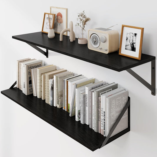 Heimlove Black Deep Floating Shelves for Wall, 30W x 8D Wood Wall Shelves Set of 2, Wide Floating Bookshelf for Living Room, Kitchen, Office, Bedroom and Decor Storage, with Metal Bracket - Black