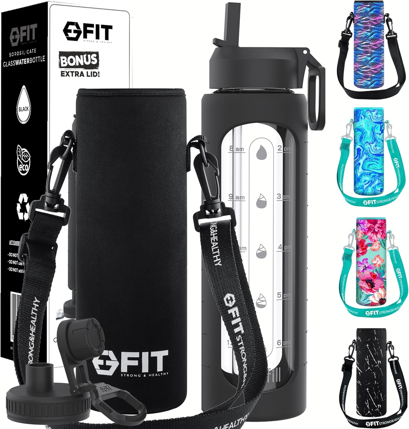 FIT Strong & Healthy 32 oz Glass Water Bottle with Straw Lid, Time Marker, Sleeve & Extra Lid - Motivational, Wide Mouth 1 Liter Glass Drinking Bottle