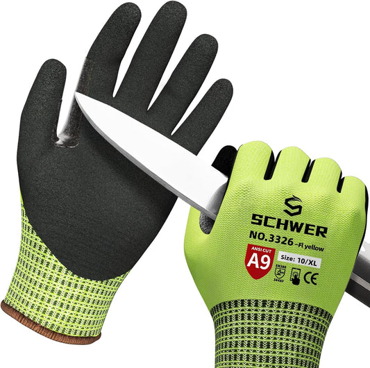 Schwer ProGuard Highest Level Cut Resistant Work Gloves PR3326 for Extreme Protection，ANSI A9 Cut Gloves with Reinforced Thumb, Non Slip, Breathable, Cooling, Durable, Touch-screen, Yellow 1 Pair（XL）