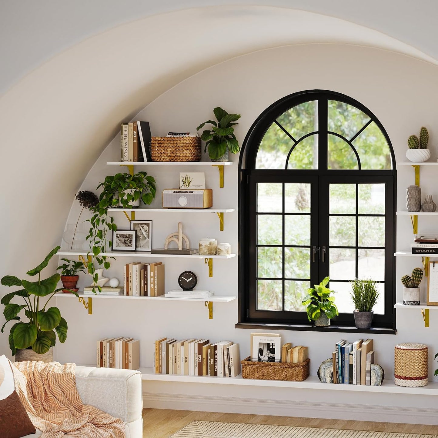 DINZI LVJ Long Wall Shelves, 31.5" Wall Mounted Shelves Set of 4, Wide Floating Shelf for Wall with Metal Brackets, for Living Room, Bathroom, Bedroom, Kitchen, Office, White and Gold