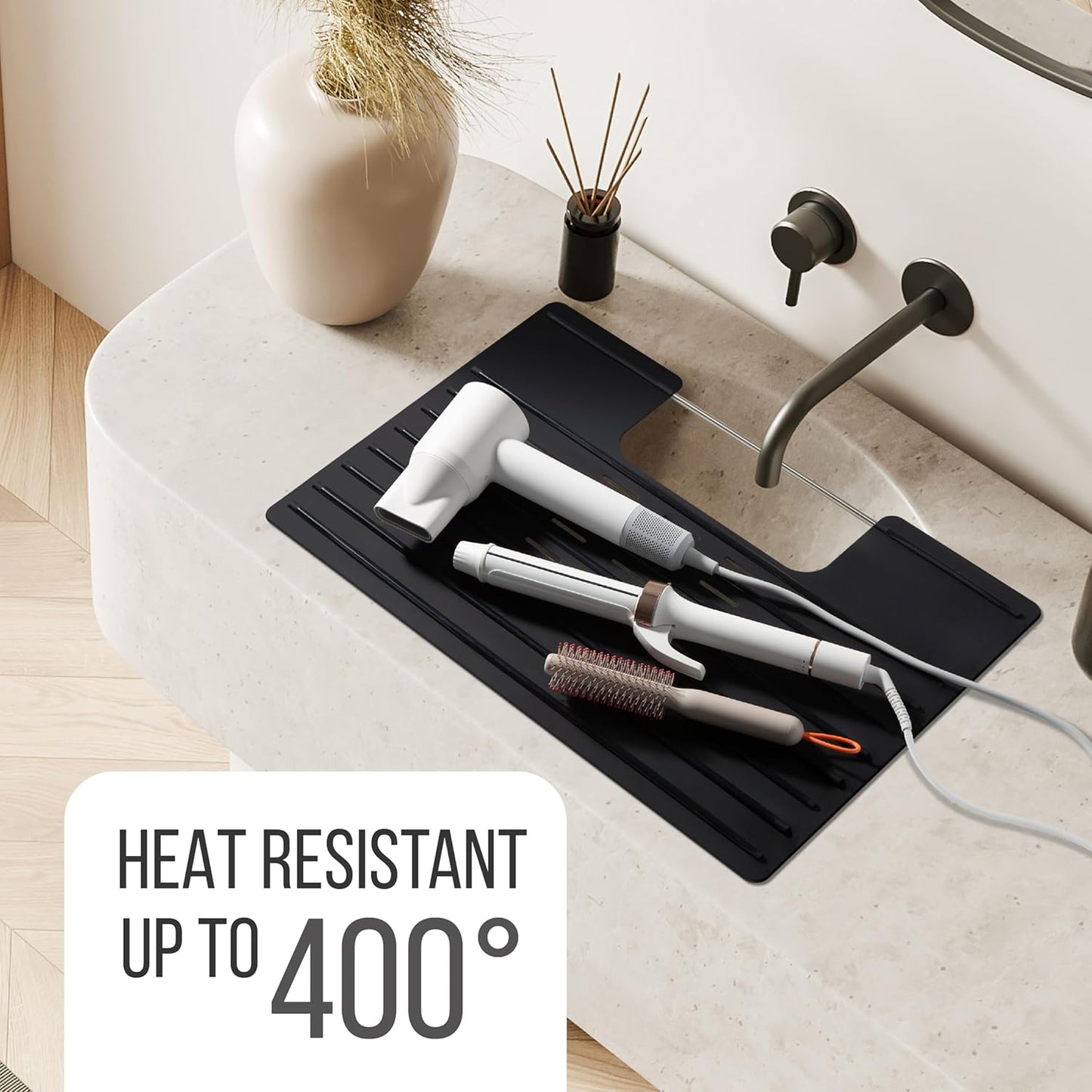 Maplefield Bathroom Sink Cover for Counter Space - 22 x 2 x 2 in Black Silicone - Heat Resistant Sink Cover up to 400°F & Foldable Design for Getting Ready - Makeup Mat with Ridges