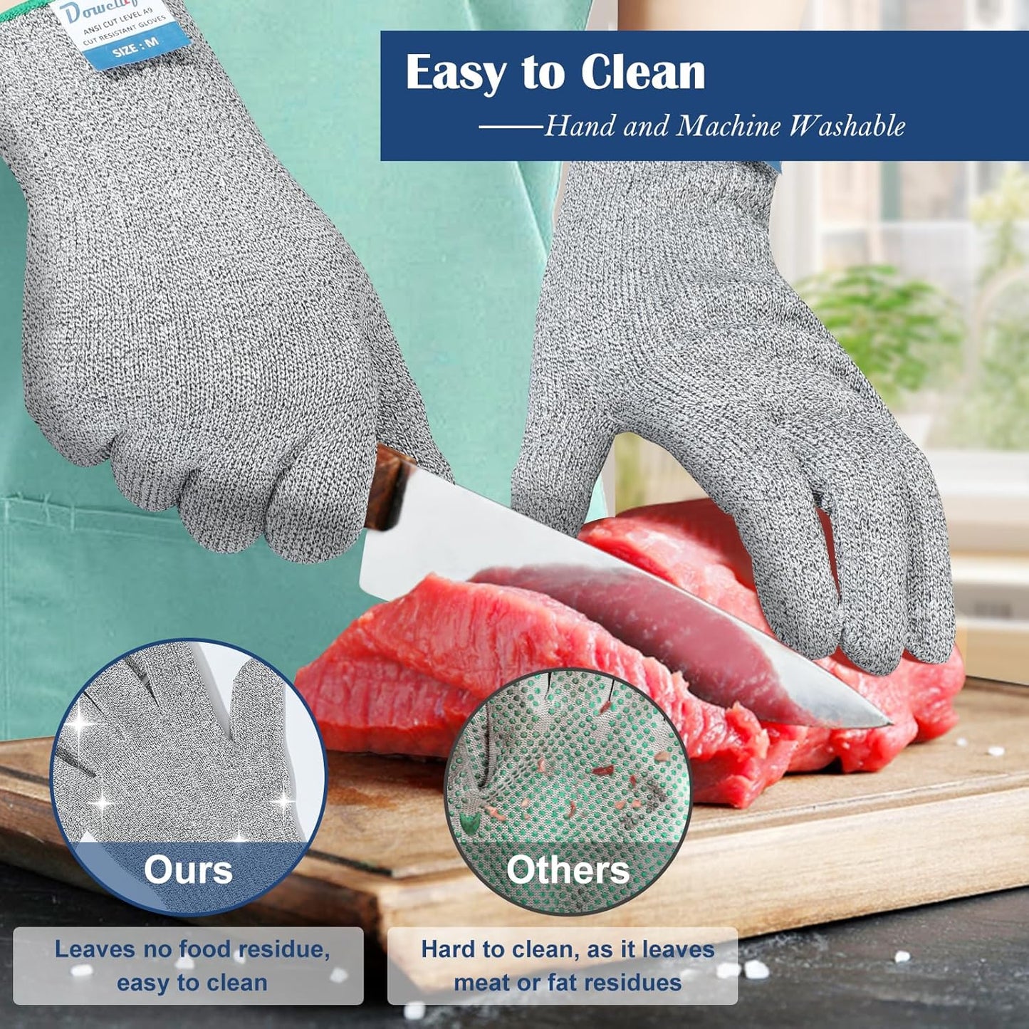 Dowellife Soft Level 9 Cut Resistant Gloves Food Grade, Steel Wire Mixed Kitchen Safety Gloves for Chef Oyster Shucking Mandoline Knife Butcher Meat Cutting Carving (Small)